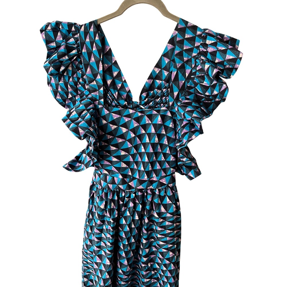 Tuckernuck Elisamama Blue Geometric Ankara Print Ruffle Sleeve Maxi Dress Large - Picture 4 of 9